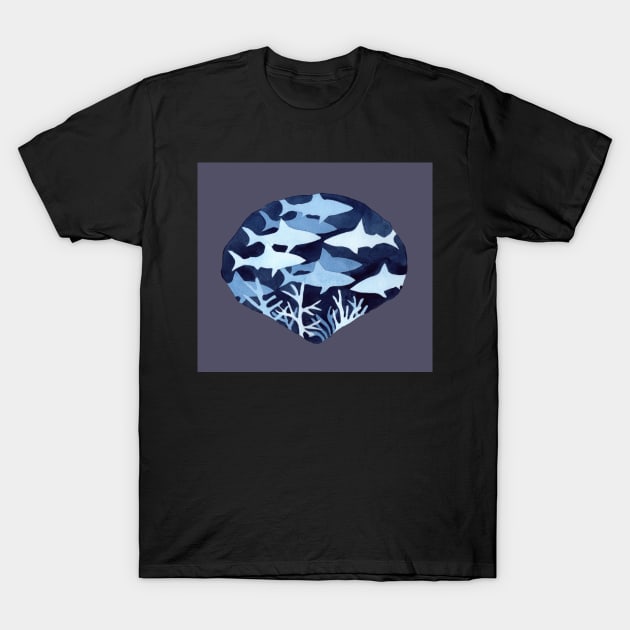 Shark Frenzy Negative Painting with dark background T-Shirt by Sandraartist